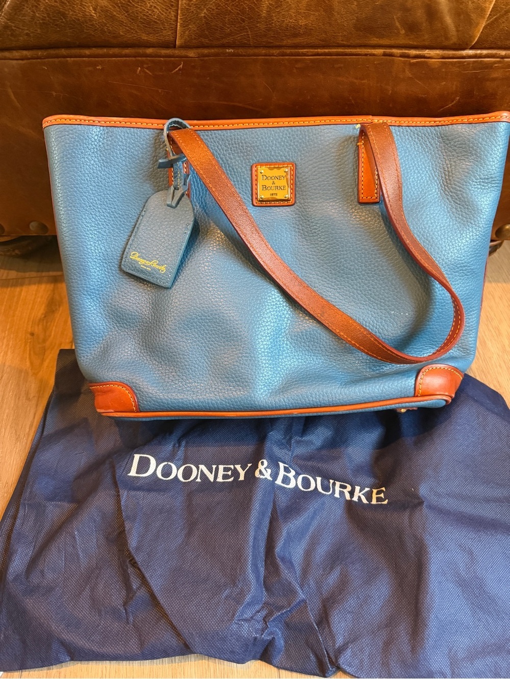 Dooney & Bourke Charleston Shopper Tote Blue Pebbles Leather with Tan Trim
